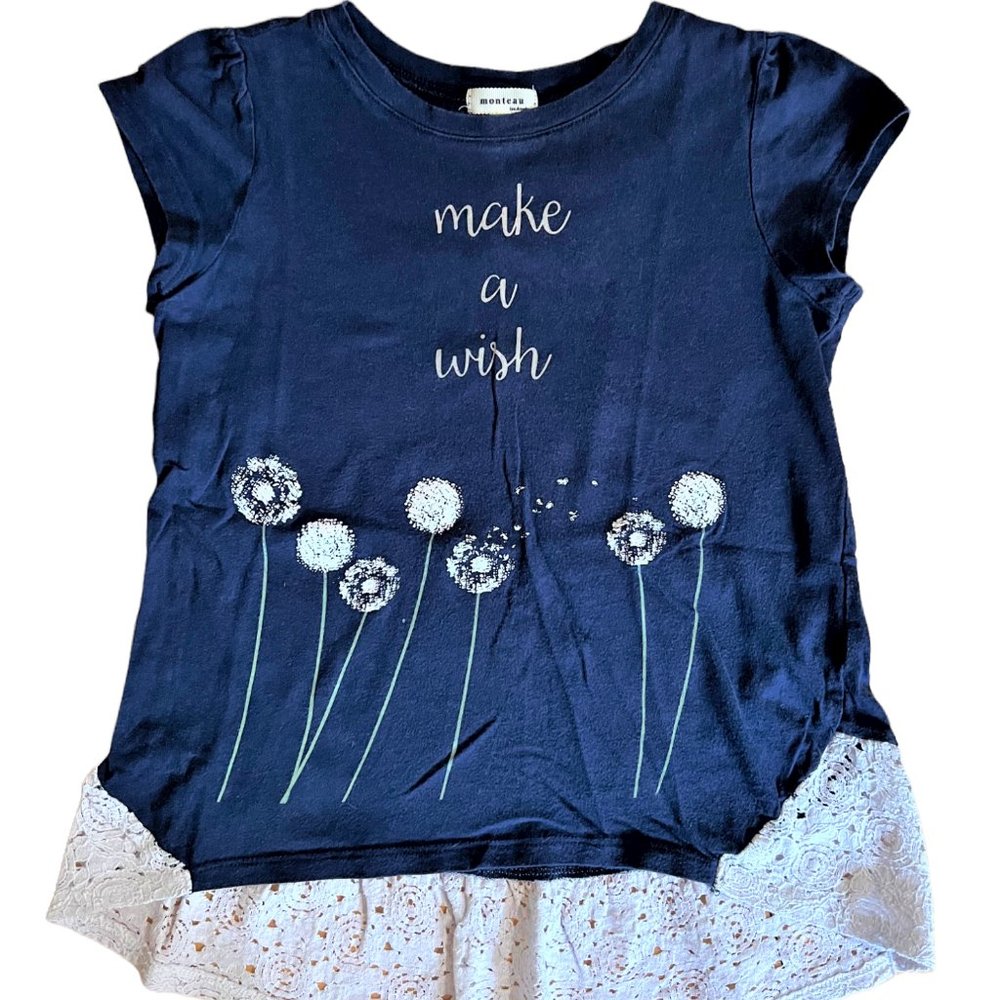 Girl's Monteau Navy & White Dandelion "Make a Wish" Shirt w/Lace Hem, Size M